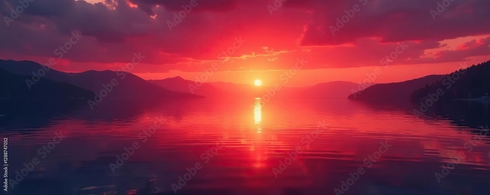 Fototapeta premium Sunset over a crimson lake with gentle water ripples, red background gradient, lake
