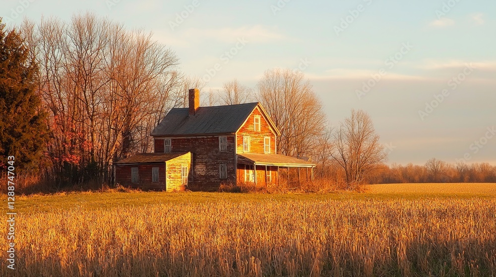 Charming And Abandoned Rustic House Surrounded By Golden Fields Under Soft Sunset Light In Countryside Landscape Charming And Abandoned Rustic House Surrounded By Golden Fields Under Soft Sunset Light In Countryside Landscape