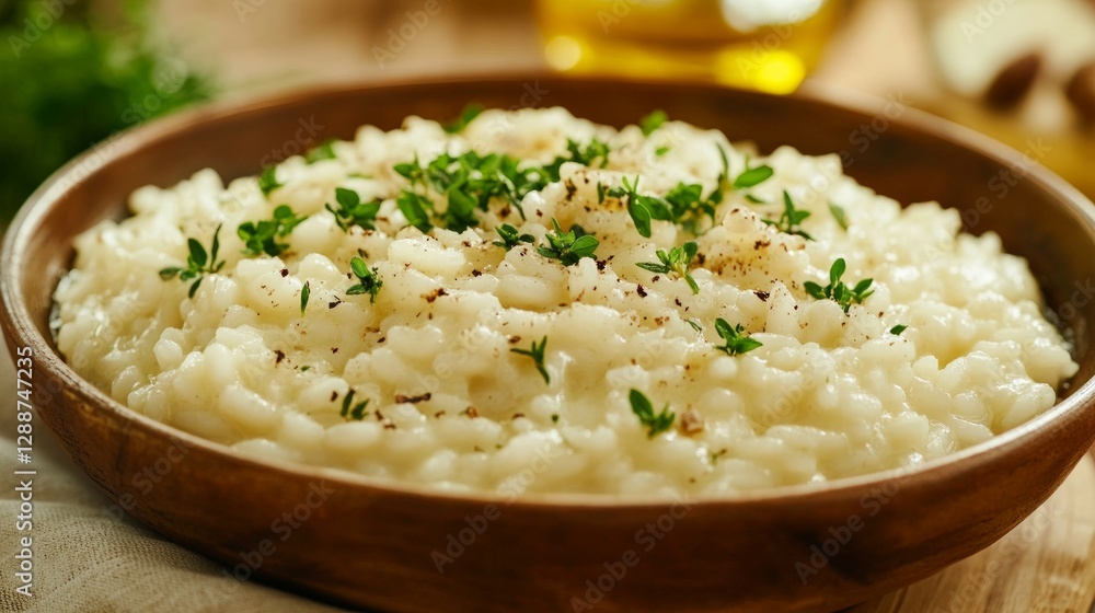 Creamy Risotto with Fresh Herbs in Rustic Wooden Bowl Creamy Risotto with Fresh Herbs in Rustic Wooden Bowl