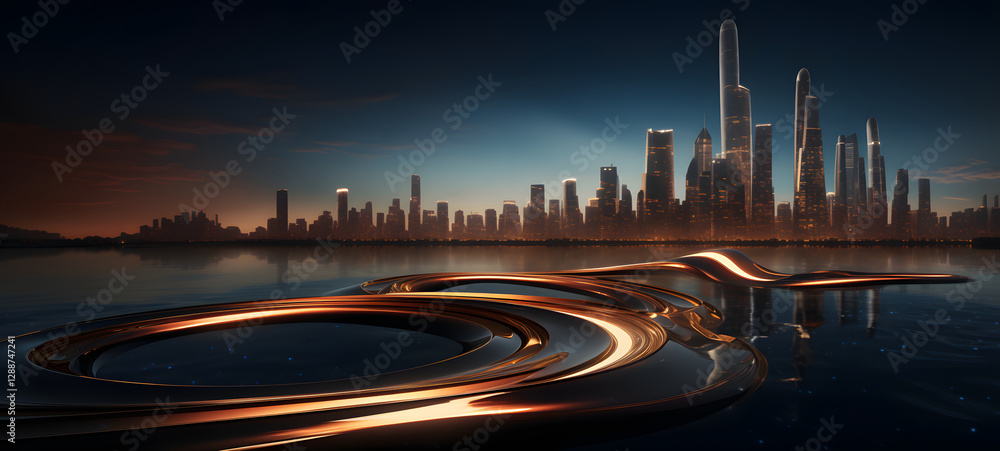 Fototapeta premium modern City made of wavy copper metal with easy curves and ribbons