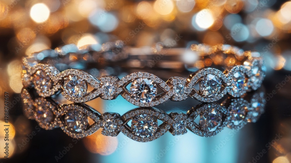 A glamorous diamond bracelet on a mirrored surface, reflecting its sparkle in a beautiful composition. A glamorous diamond bracelet on a mirrored surface, reflecting its sparkle in a beautiful composition.