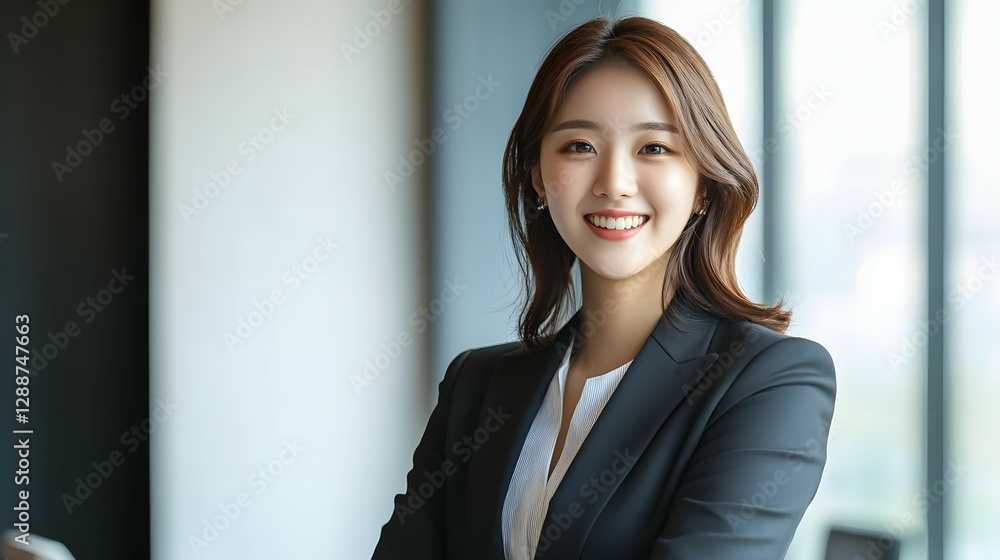 A young businesswoman stands in the office, smiling at the camera against a white background. The full-body shot is captured in natural light A young businesswoman stands in the office, smiling at the camera against a white background. The full-body shot is captured in natural light