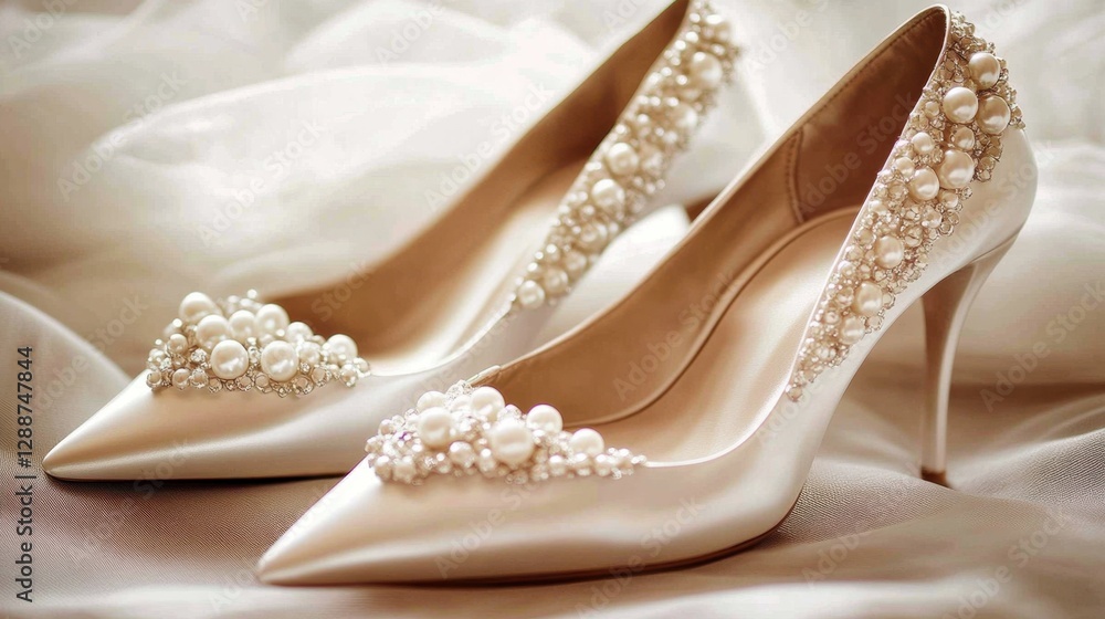 A glamorous pair of pearl-encrusted white high heels, perfect for a bridal theme, set on satin. A glamorous pair of pearl-encrusted white high heels, perfect for a bridal theme, set on satin.