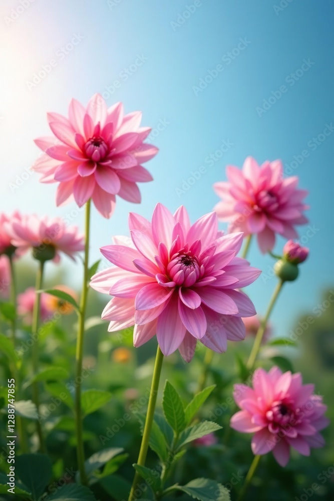 Pink dahlias sway gently in the summer breeze, flower stems, flowering plants, garden plants Pink dahlias sway gently in the summer breeze, flower stems, flowering plants, garden plants