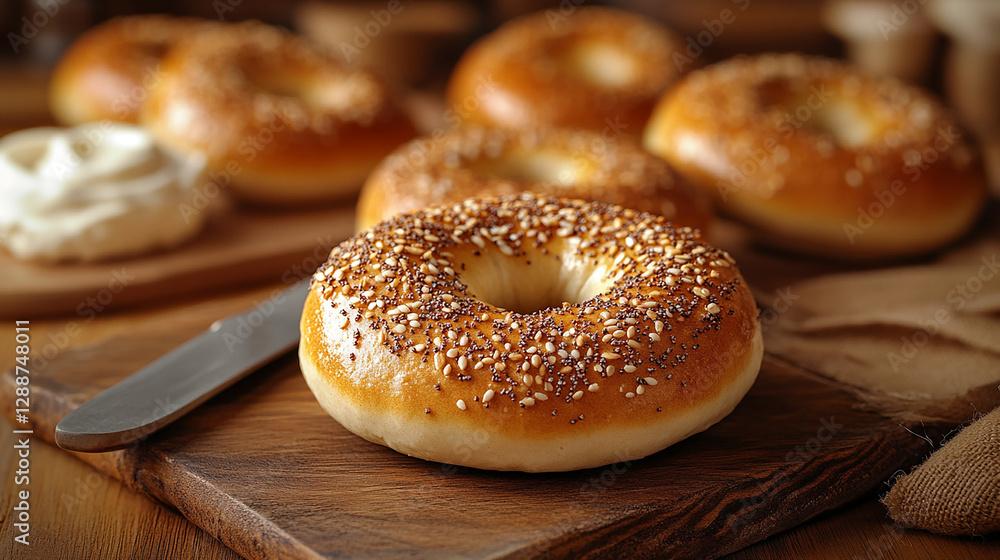 A freshly baked bagel with cream cheese with whole b A freshly baked bagel with cream cheese with whole b