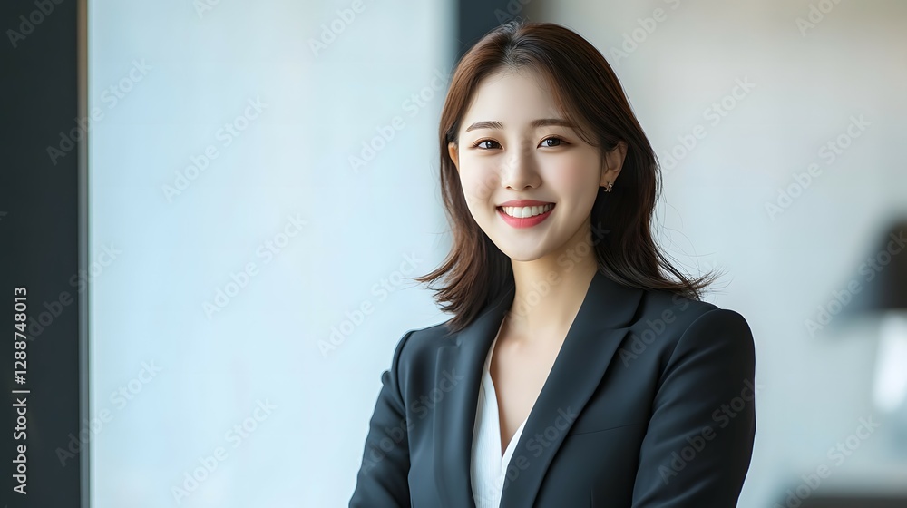 A young businesswoman stands in the office, smiling at the camera against a white background. The full-body shot is captured in natural light A young businesswoman stands in the office, smiling at the camera against a white background. The full-body shot is captured in natural light