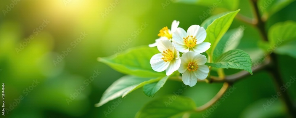 Fototapeta premium White and yellow flowers on a branch with leaves, geum avens, nature