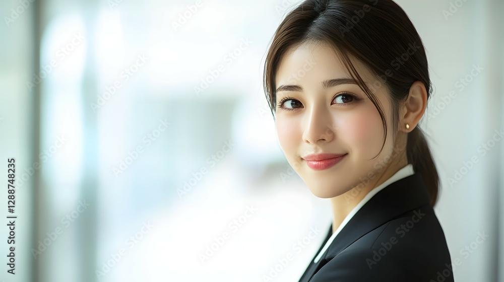A young businesswoman stands in the office, smiling at the camera against a white background. The full-body shot is captured in natural light A young businesswoman stands in the office, smiling at the camera against a white background. The full-body shot is captured in natural light