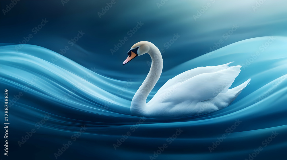 Fototapeta premium A serene white swan glides gracefully across tranquil blue waters, embodying beauty and elegance in nature's serene environment.