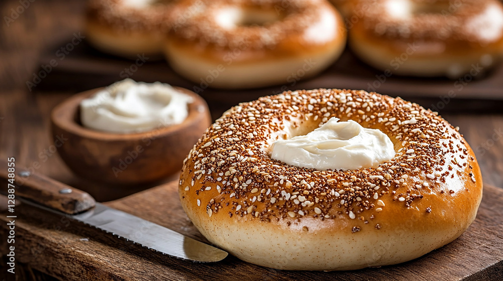 A freshly baked bagel with cream cheese with whole b A freshly baked bagel with cream cheese with whole b