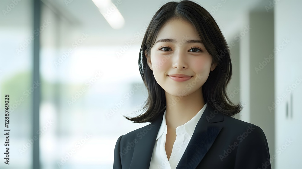 A young businesswoman stands in the office, smiling at the camera against a white background. The full-body shot is captured in natural light A young businesswoman stands in the office, smiling at the camera against a white background. The full-body shot is captured in natural light