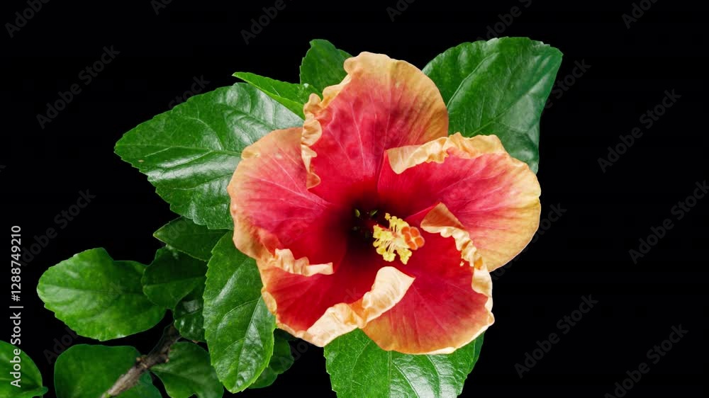 Hibiscus Flower Blooms. Bud Opens into a large Red Yellow Flower. Time Lapse of a Blooming Hibiscus Plant. Detailed Macro Timelapse of a Blossoming flower. Hibiscus Close Up with Alpha Matte Hibiscus Flower Blooms. Bud Opens into a large Red Yellow Flower. Time Lapse of a Blooming Hibiscus Plant. Detailed Macro Timelapse of a Blossoming flower. Hibiscus Close Up with Alpha Matte
