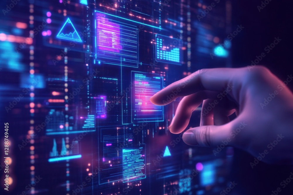 Hand interacting with a complex holographic interface, navigating virtual data and charts in a futuristic digital environment. Hand interacting with a complex holographic interface, navigating virtual data and charts in a futuristic digital environment.