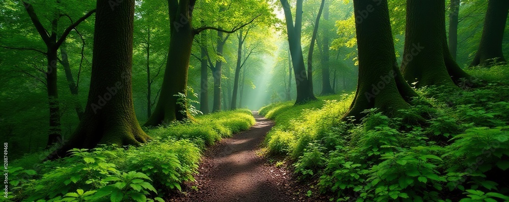 Naklejka premium Dense forest trail winding through moss-covered trees, trees, moss