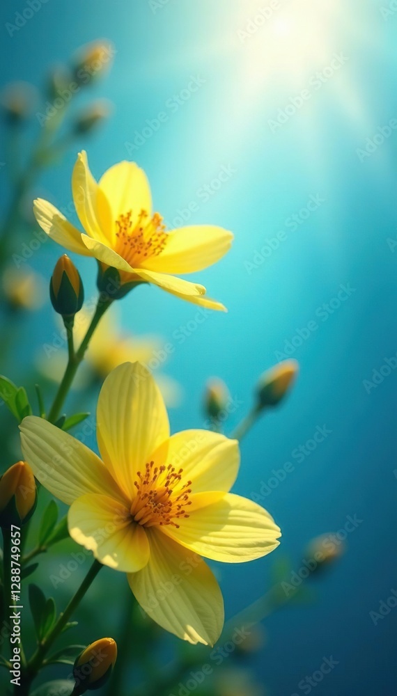 Fototapeta premium Gentle yellow blooms bask in the warmth of a radiant blue light, sunny, blue, serene