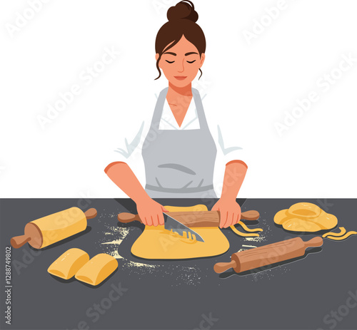 Woman baking in a kitchen with rolling pins and dough, flat vector art