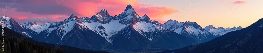 Fototapeta premium Snowy peaks of Sawtooth Mountain Range at dawn, Dawn Sky, Panorama, Idaho Landscapes