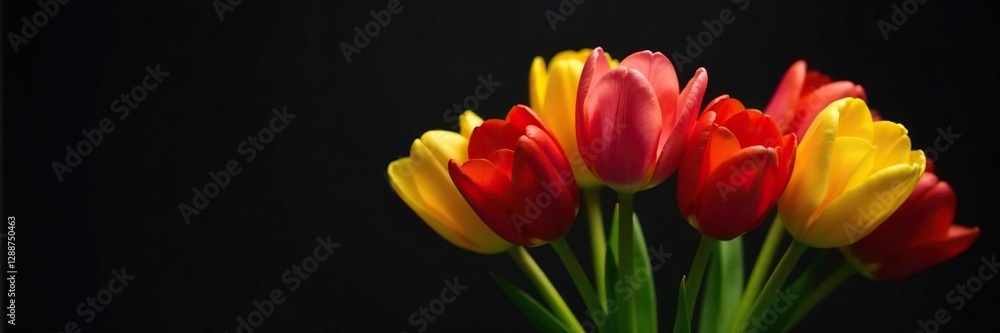 delicate tulips in shades of red and yellow against a dark background, black backdrop, centerpieces delicate tulips in shades of red and yellow against a dark background, black backdrop, centerpieces