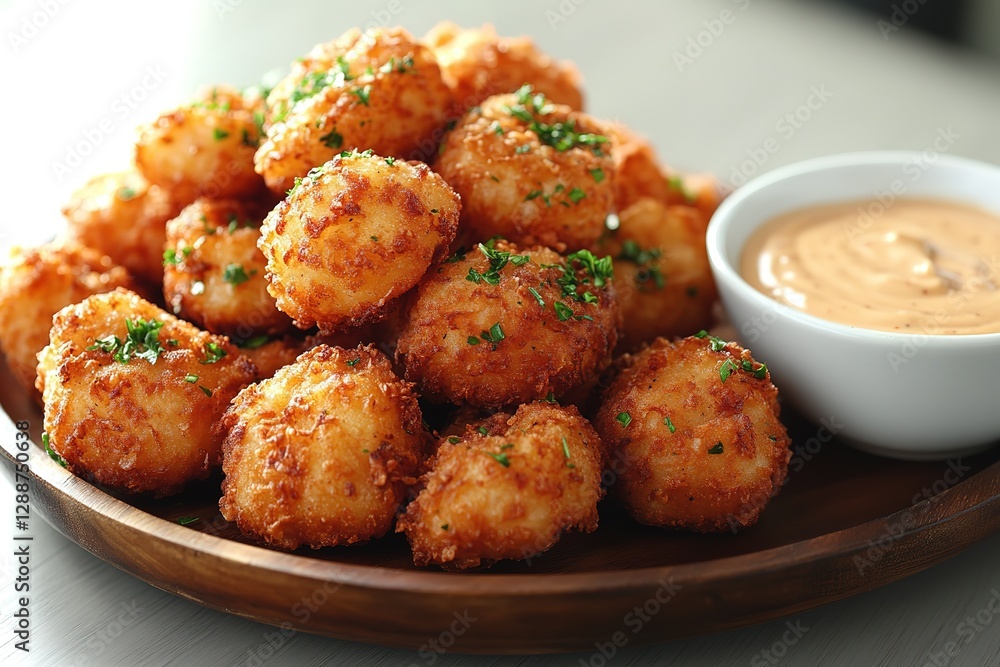 Golden-brown fried cheesy appetizers piled high on a wooden plate with a bowl of creamy dipping sauce ready to be enjoyed Golden-brown fried cheesy appetizers piled high on a wooden plate with a bowl of creamy dipping sauce ready to be enjoyed