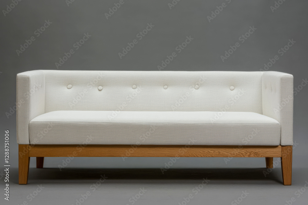 White modern sofa with wooden legs in a minimalist setting White modern sofa with wooden legs in a minimalist setting