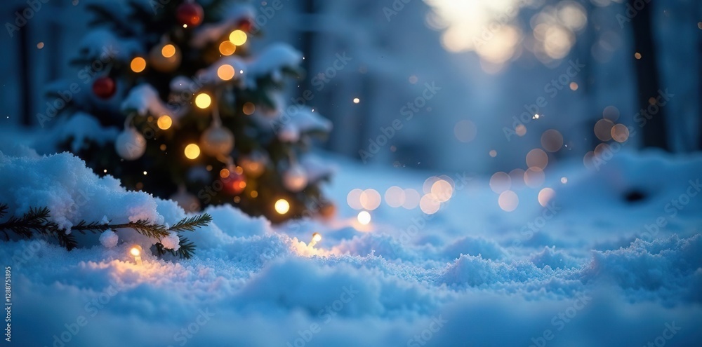 Frosty winter scene with twinkling lights and bokeh sparks, festive, blue Frosty winter scene with twinkling lights and bokeh sparks, festive, blue