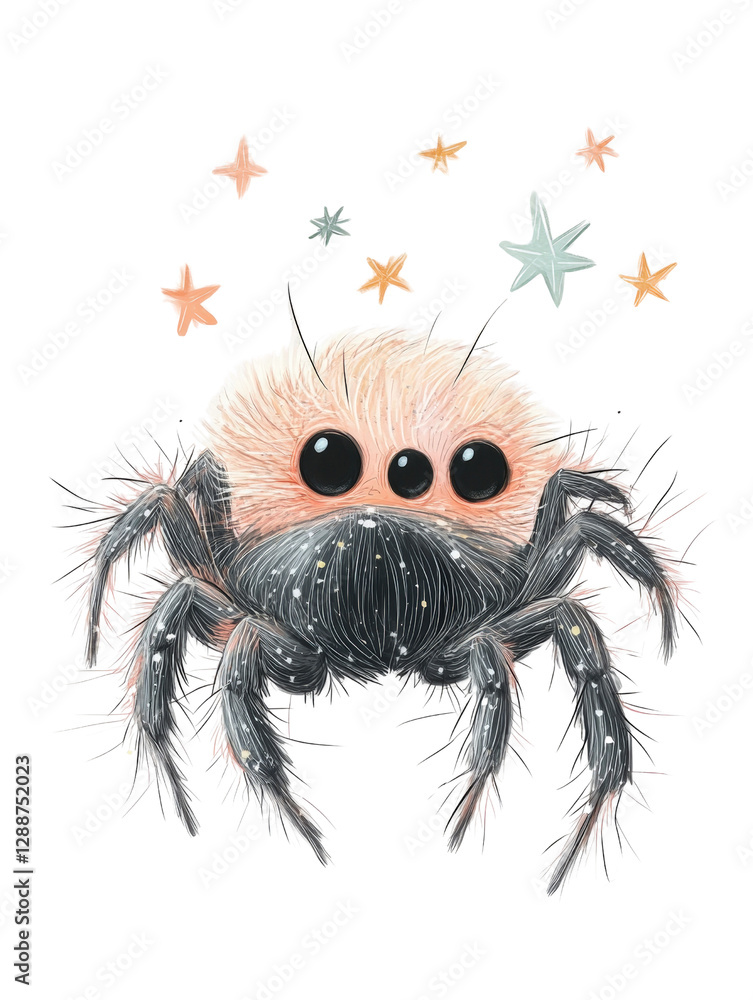 Spider with pink hair and black eyes on a white background in natural pose isolated on transparent background. Spider with pink hair and black eyes on a white background in natural pose isolated on transparent background.