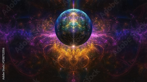Vibrant wall painting showcasing a cosmic sphere surrounded by colorful fractal patterns, creating a mesmerizing visual experience, artistic expression concept