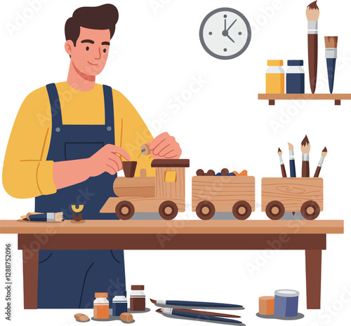 Craftsman assembling wooden toy train in flat design vector art