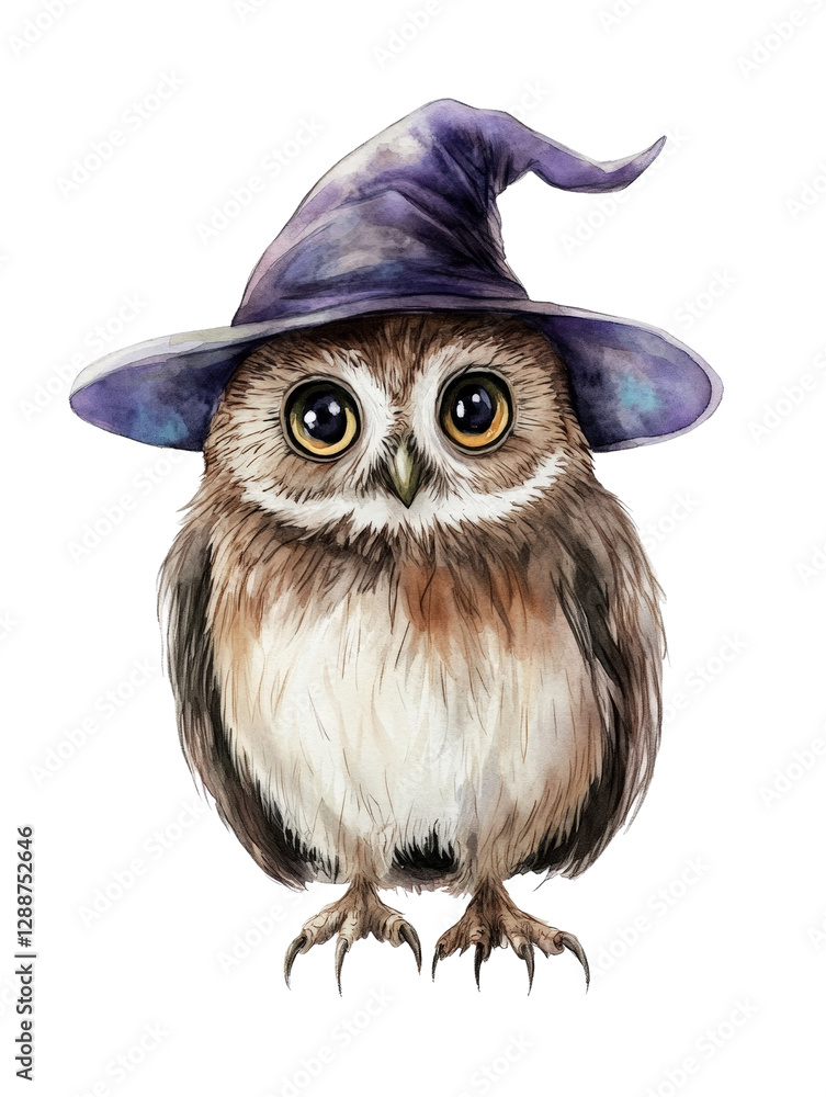 Fototapeta premium Watercolor painting of an owl wearing a witch hat with a colorful background and detailed features isolated on transparent background.