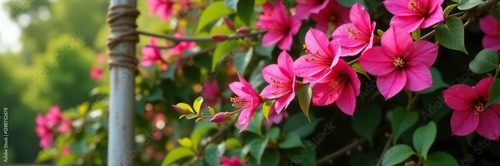 Naklejka premium Full bloom of Bougainvillea on a wooden pole wrapped vines, nature, bougainvillea