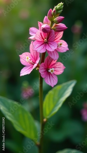Wallpaper Mural Pink Evening Primrose stem with tiny white flowers in the garden, botany, botanical Torontodigital.ca