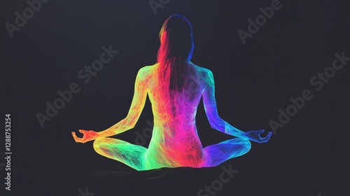 Colorful body art showcasing a meditative figure illuminated by vibrant hues against a dark background, representing artistic expression and wellness concept photo