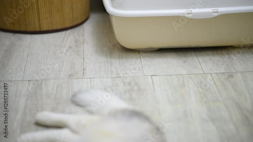 Kitten uses cat litter in the bathroom