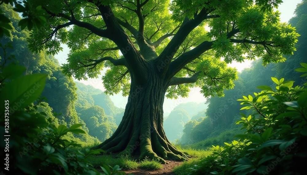 Fototapeta premium Dense foliage surrounds a towering Mahogany tree, canopy, tree, overgrowth