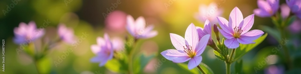 Fototapeta premium White and purple Angelonia flowers in a garden with sunlight filter, light effect, bloom