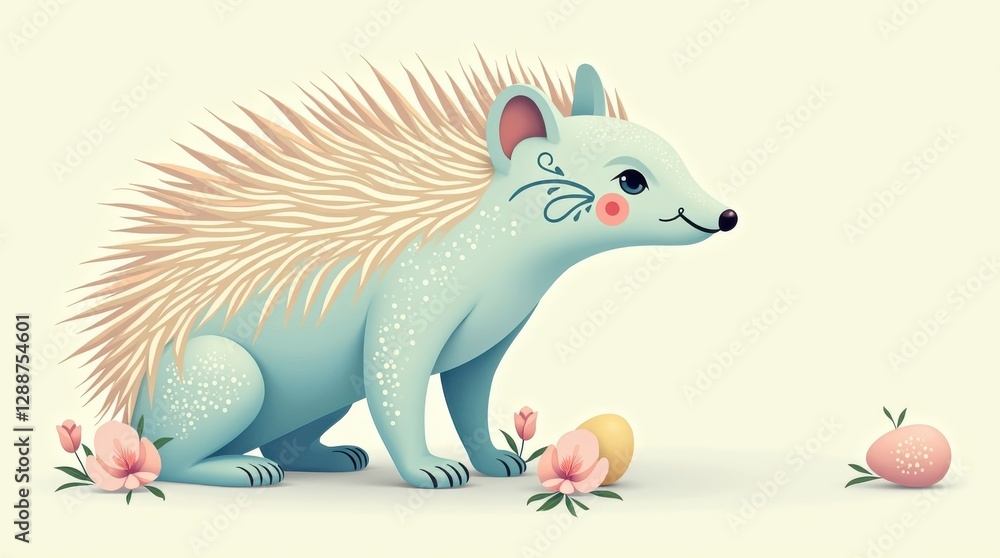 Obraz premium Cute minimal pastel animal easter egg scene hedgehog with eggs and flowers whimsical illustration soft background