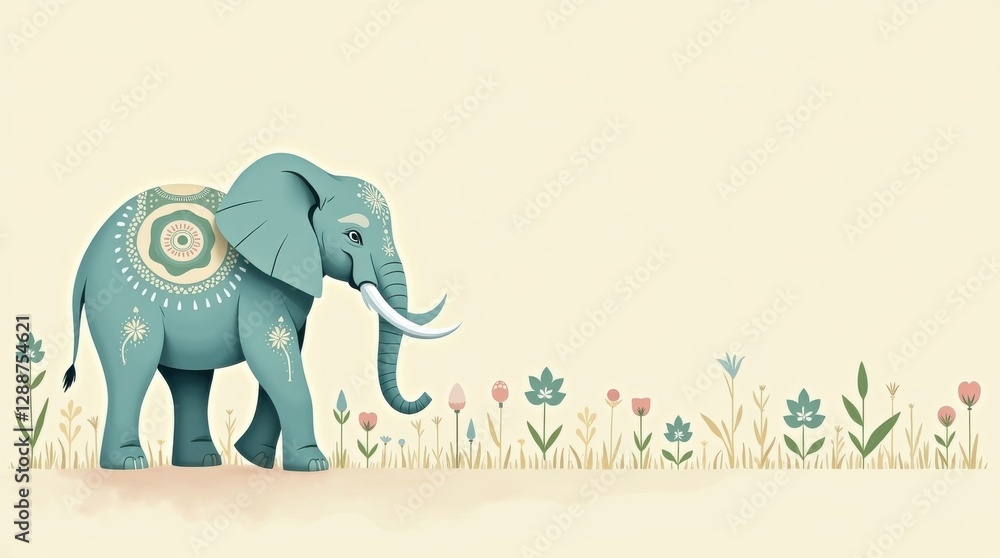 Fototapeta premium Cute pastel elephant with easter egg in a minimal floral page design animal art soft colors playful vibe