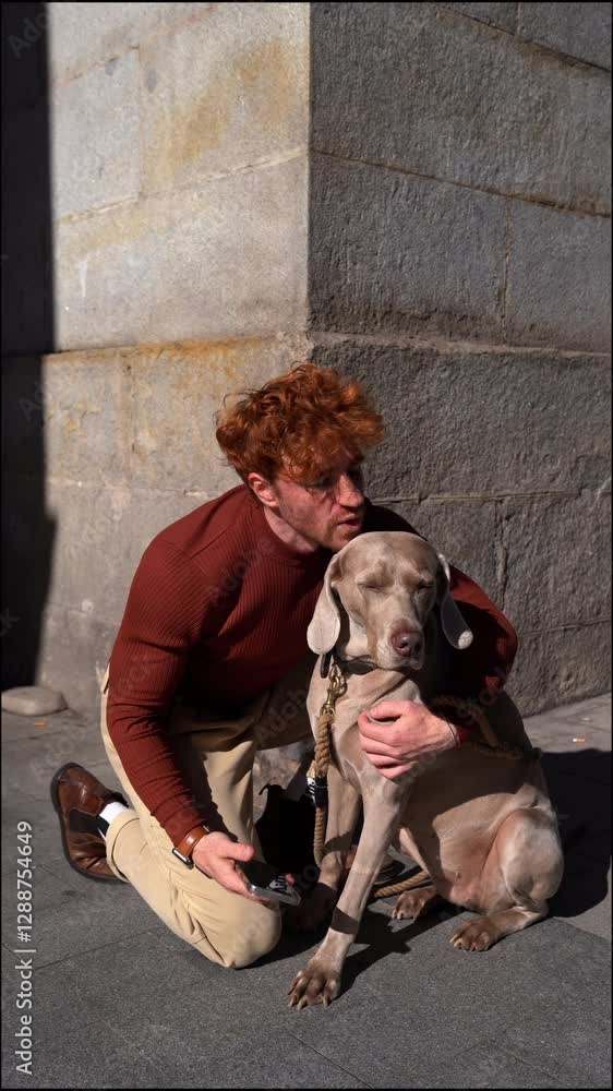 young ginger hair guy taking a funny selfie with his dog in the city young ginger hair guy taking a funny selfie with his dog in the city