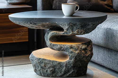 Unique stone side table with a cup on it Contemporary design gray stone texture Adds natural charm and organic appeal to interiors
