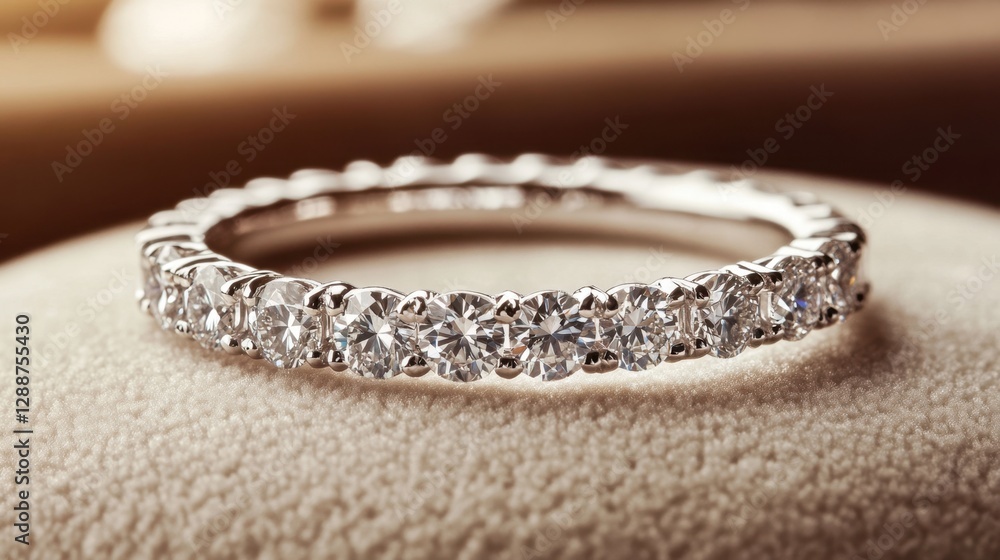 A modern diamond band with a unique geometric design, stylishly positioned on a jewelry cushion. A modern diamond band with a unique geometric design, stylishly positioned on a jewelry cushion.
