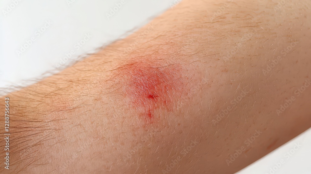 Fototapeta premium Intense close-up of an arm displaying a vivid red spot on the left, resembling a fresh wound with traces of blood, surrounded by delicate skin contours