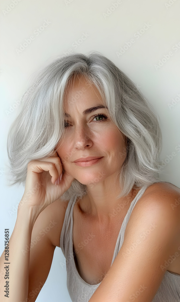 Portrait of a beautiful middle aged woman with gray hair and hand on face smiling gently Portrait of a beautiful middle aged woman with gray hair and hand on face smiling gently