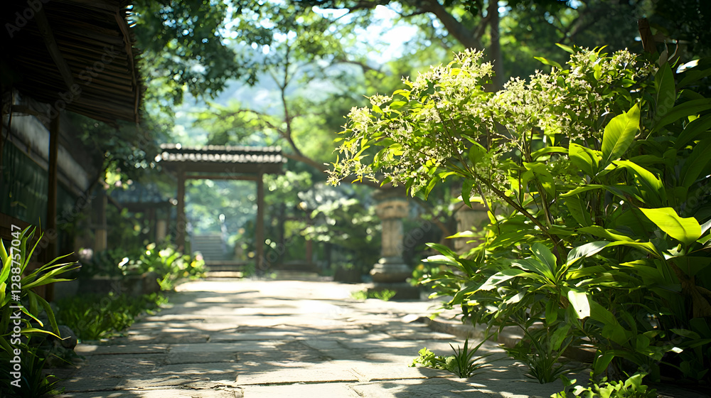 Sunlit Stone Path Through Lush Japanese Garden Sunlit Stone Path Through Lush Japanese Garden