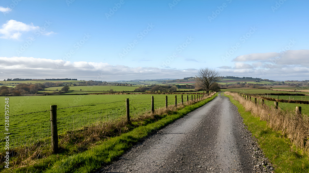 Rural Gravel Road Through Green Fields Under a Sunny Sky Rural Gravel Road Through Green Fields Under a Sunny Sky