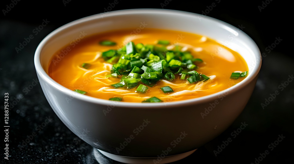 A vibrant bowl of delicious soup topped with fresh green onions, perfect for warming the soul and satisfying the palate. A vibrant bowl of delicious soup topped with fresh green onions, perfect for warming the soul and satisfying the palate.