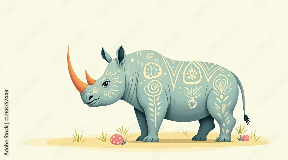 Cute pastel easter egg rhino in minimal page setting surrounded by grass and mushrooms Cute pastel easter egg rhino in minimal page setting surrounded by grass and mushrooms