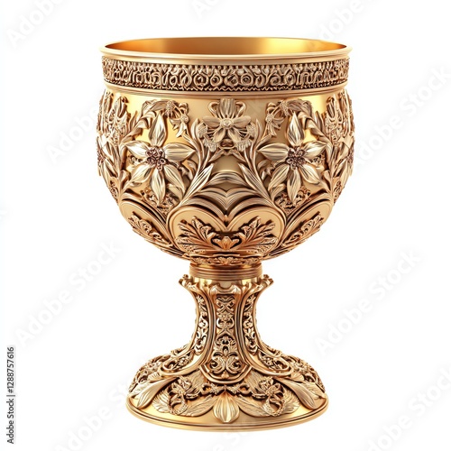 Isolated on white background 3D rendering. Elegant golden chalice with floral design. photo