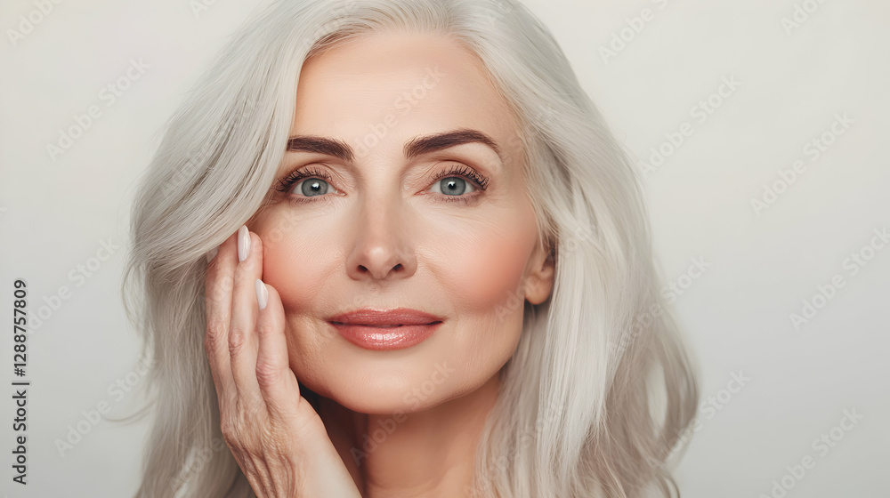 Elegant portrait of a mature woman with silver hair showcasing radiant and healthy skin Elegant portrait of a mature woman with silver hair showcasing radiant and healthy skin