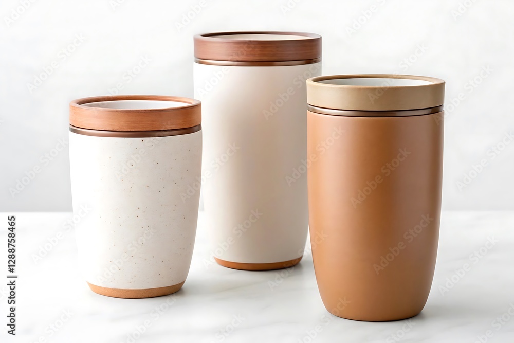 Set of Three Insulated Mugs with Wooden Lids, Neutral Earth Tones Set of Three Insulated Mugs with Wooden Lids, Neutral Earth Tones
