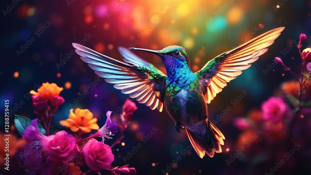 Obraz premium A vibrant, digitally rendered hummingbird is depicted mid-flight against a dark background